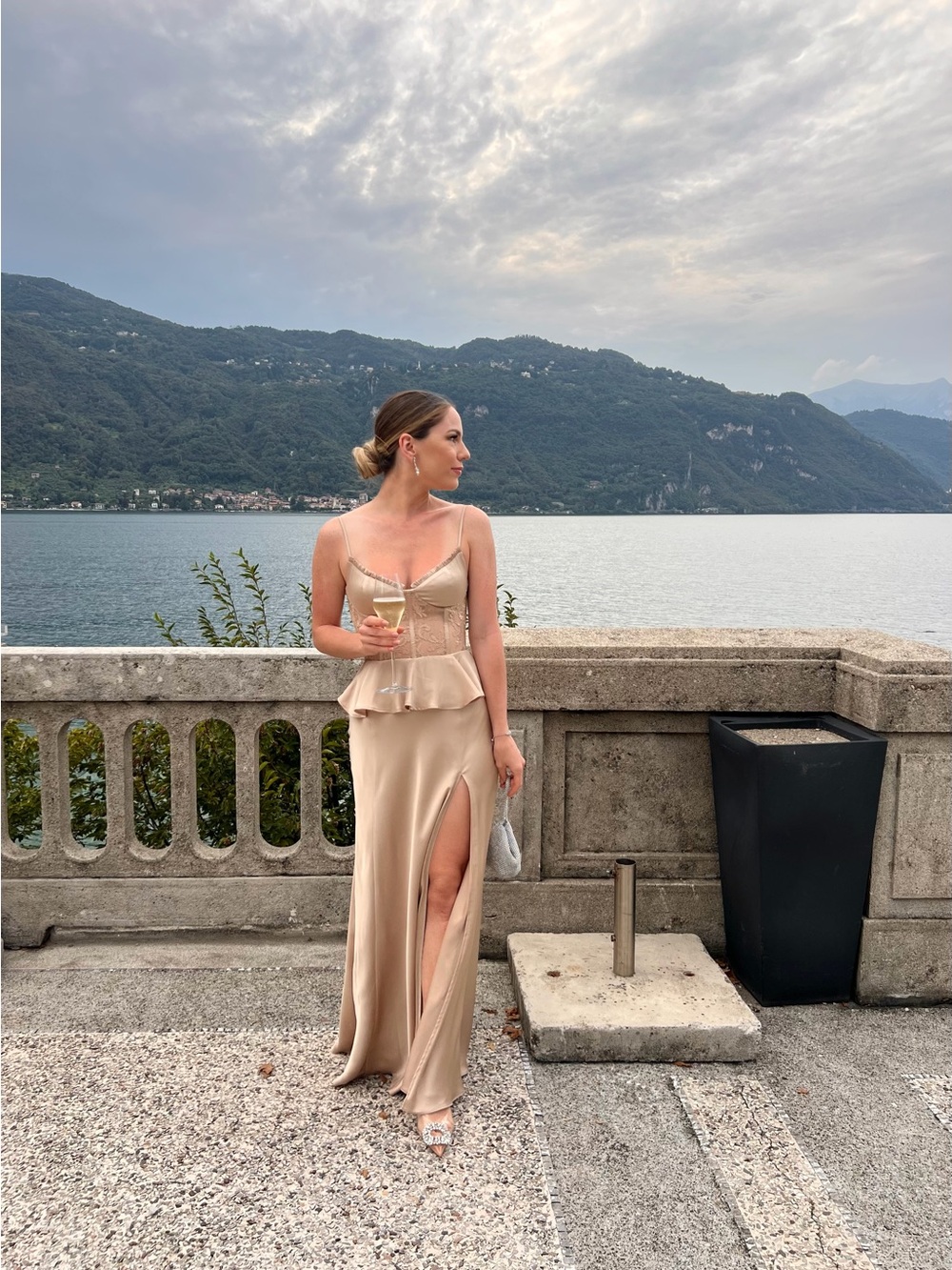 Champagne Satin Peplum Gown with Thigh Slit